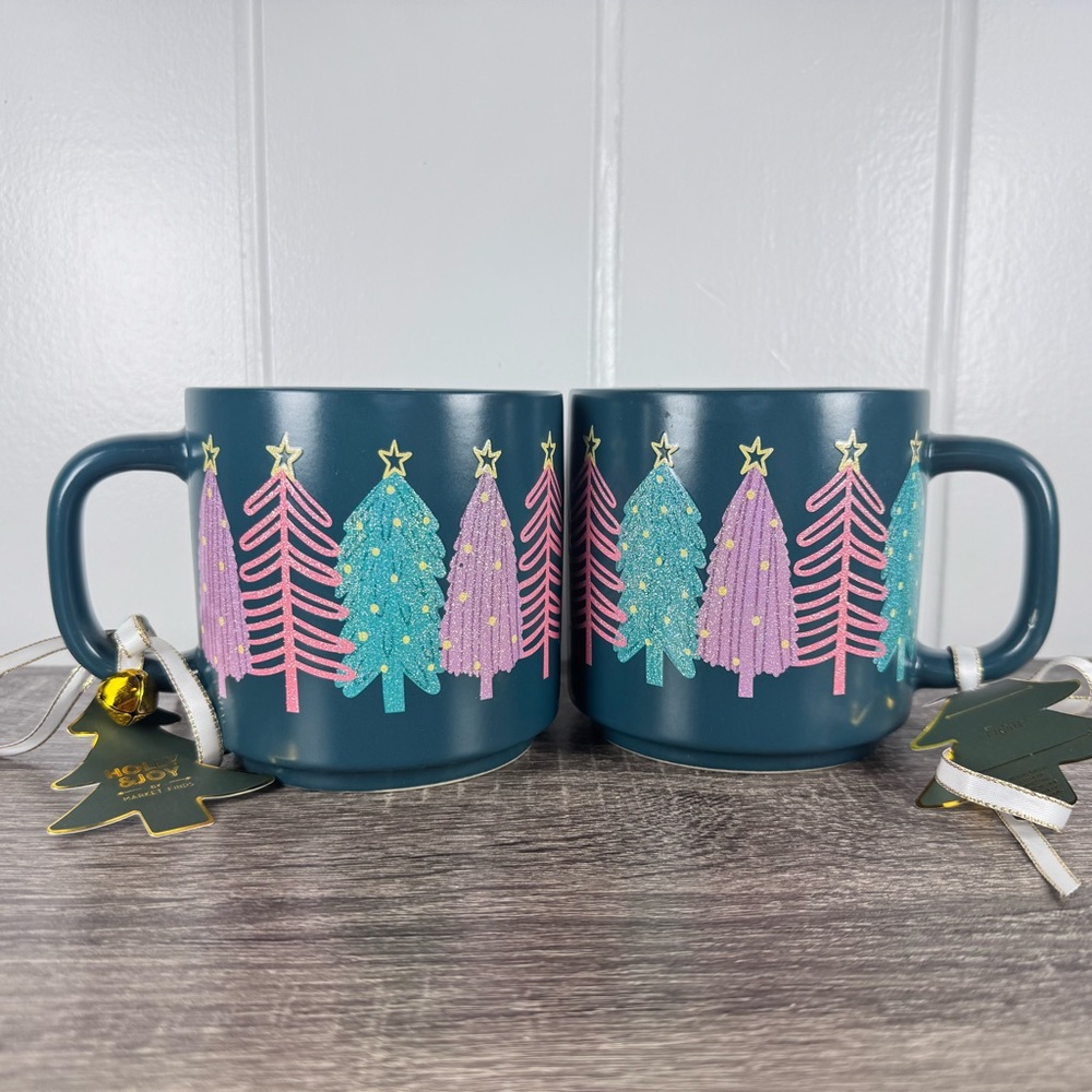 NEW Holly & Joy Pastel Glitter Christmas Trees Mugs
